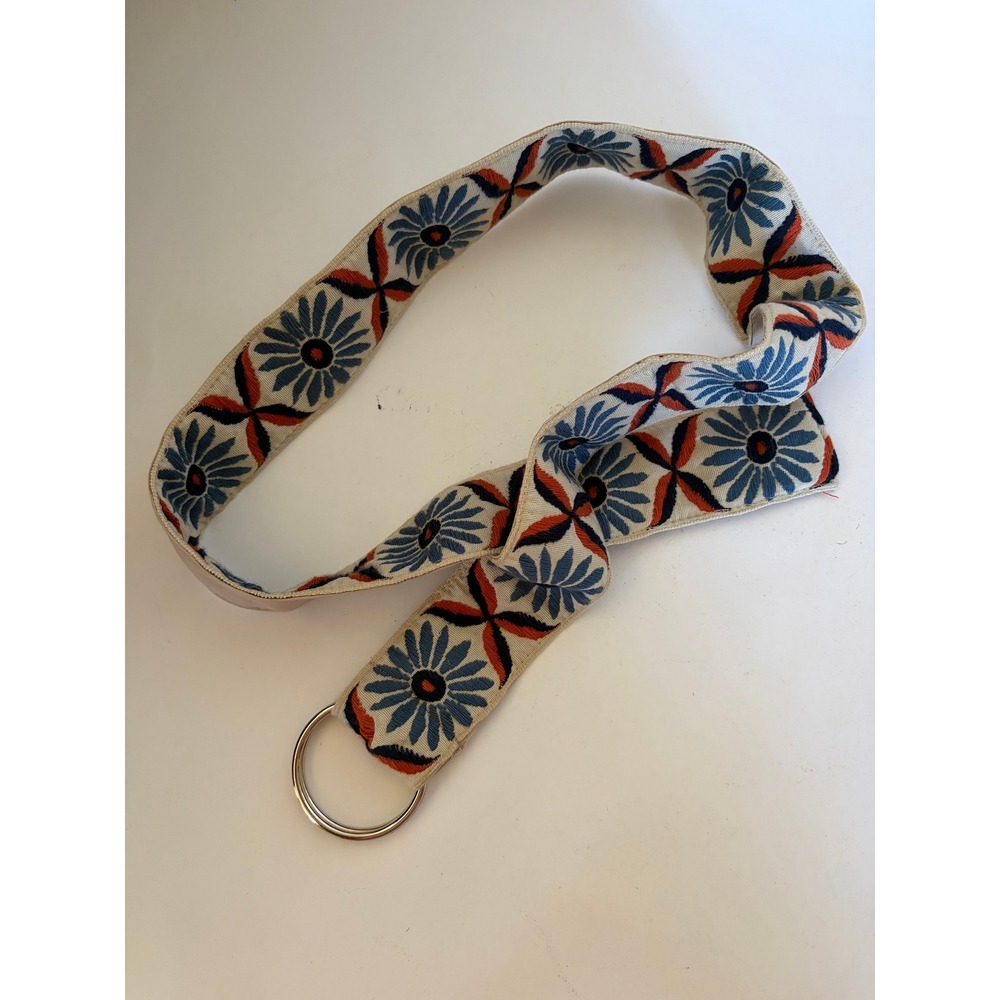 Embroidered O Ring Flower Fabric Belt 43" Boho Folk Peasant Festival